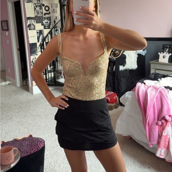 Free People Gold Sequin Bodysuit Tank V Neckline - Picture 11 of 11